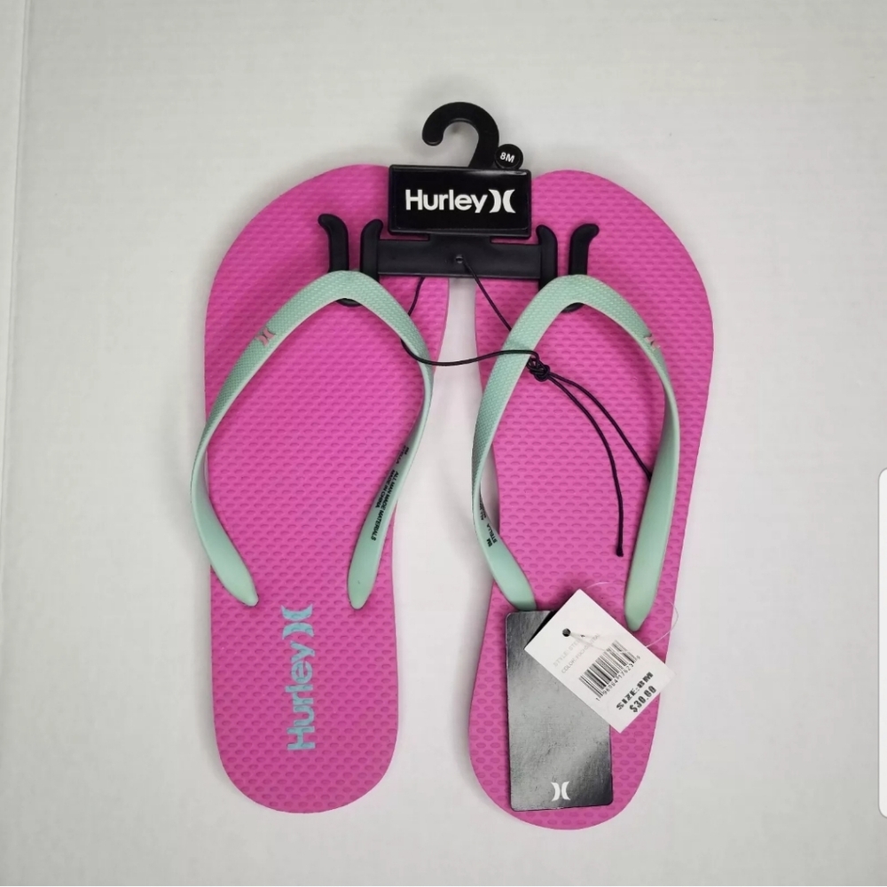 Hurley Stella Thong Flip Flops Bright Pink Aqua Rubber Foam Women's Size 8 New